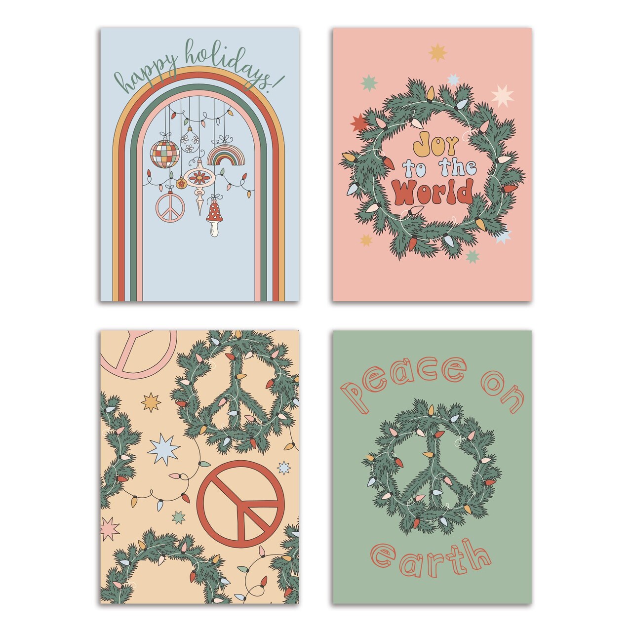 Boho Christmas Greeting Cards Boxed Set – 24 Holiday Notecards Featuring Peaceful and Retro Designs, Perfect for Sending Stylish and Unique Festive Wishes
